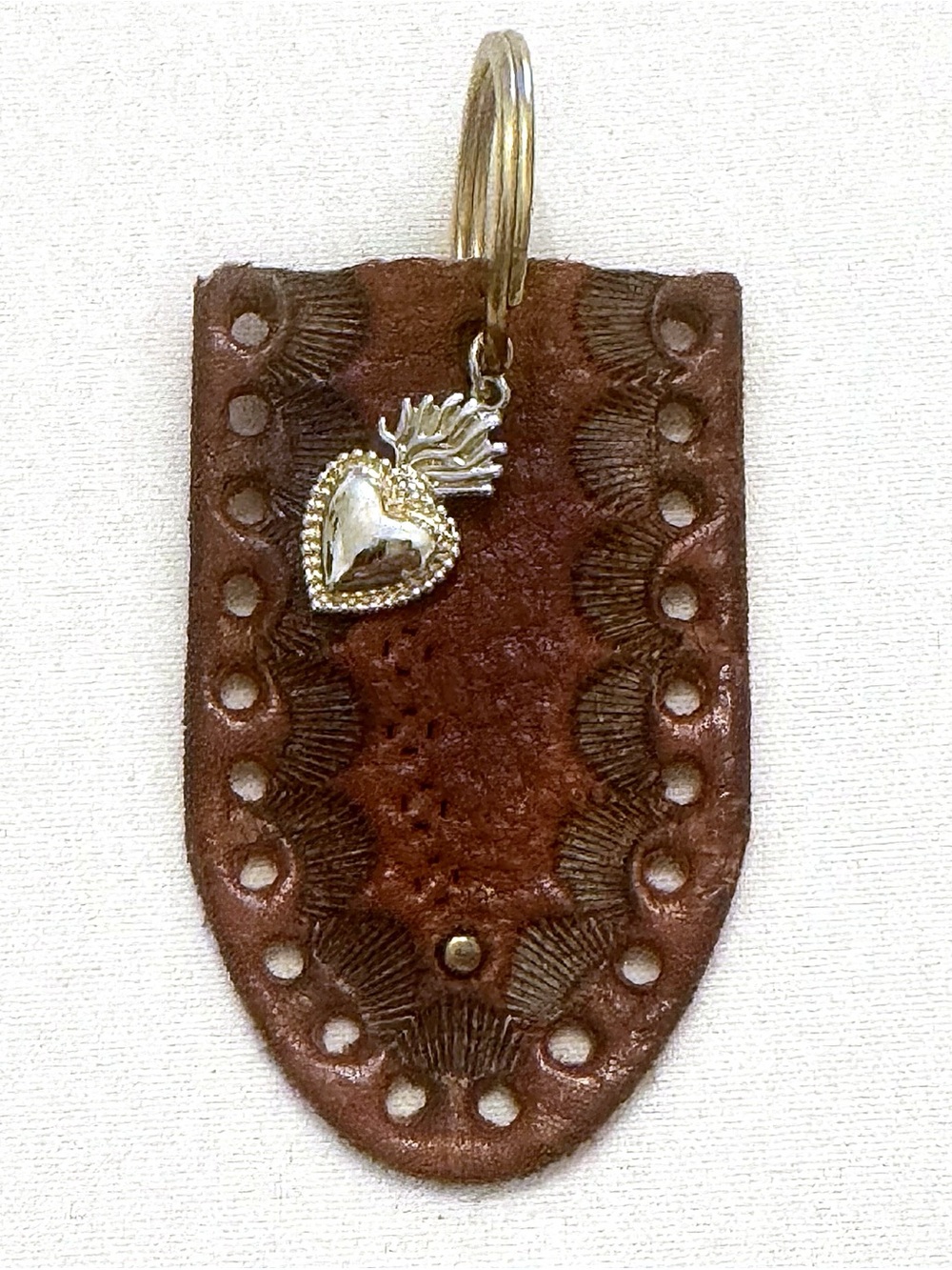 Handmade Brown Leather Key Fob with Silver Heart Charm